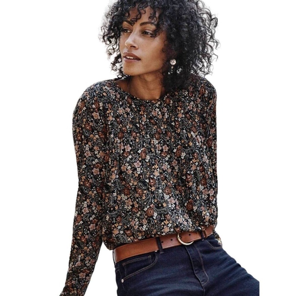 J. Jill Womens Floral Paisley Smocked Long Sleeve Blouse Black Brown Petite S - Picture 2 of 12
